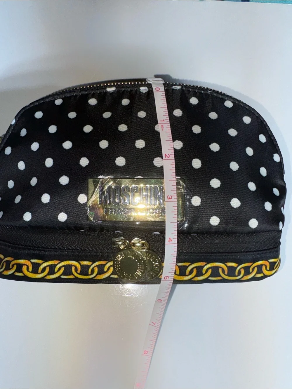 Moschino Black and White Polka Dot Cosmetic Pouch with Gold Accents NEW